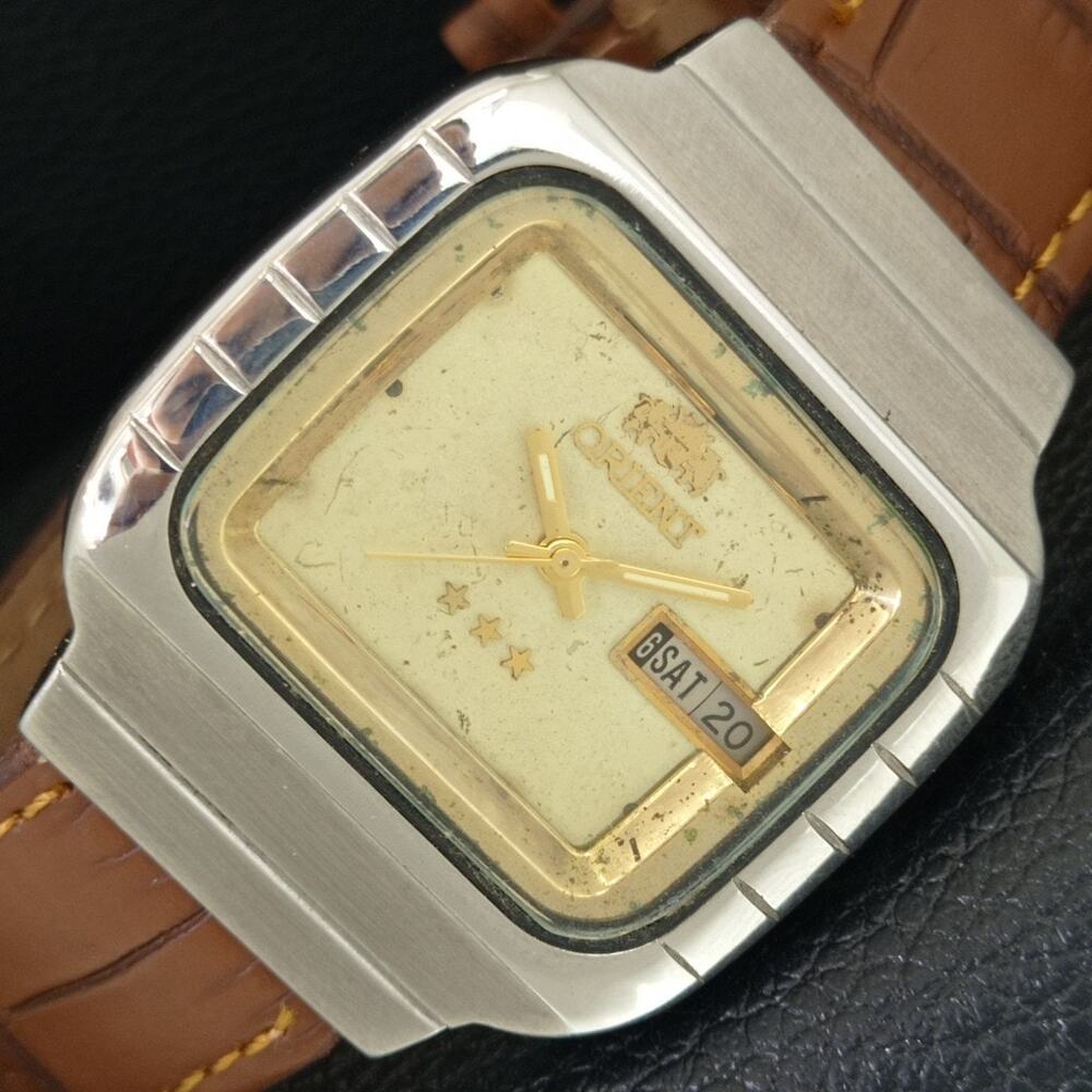 Vintage 1972 Square Orient Automatic Mens Silver Watch W/daydate & Gold accents